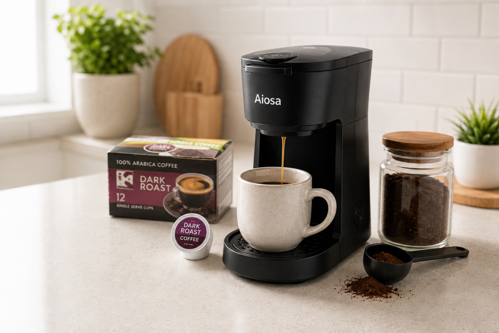 single serve coffee maker on a kitchen counter