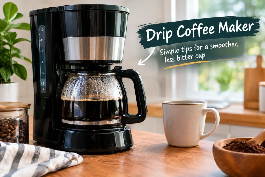 Drip coffee maker brewing a fresh cup of coffee at home