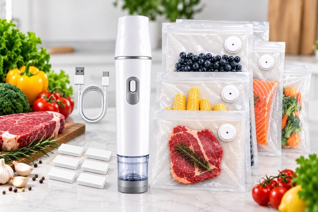 Compact handheld vacuum sealer with reusable food storage bags