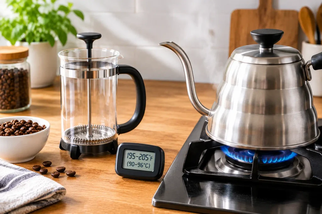 Heating water to the ideal temperature for French press coffee