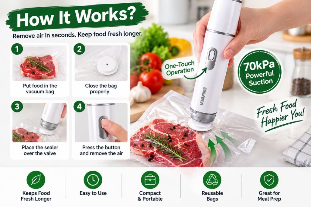 How a handheld vacuum sealer works with a vacuum storage bag
