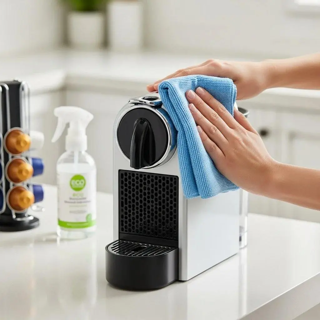 Cleaning a coffee pod machine after brewing using a microfiber cloth and removable pod holder.