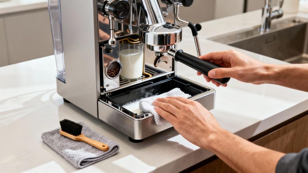 Wipe and dry a coffee machine after cleaning to prevent mold and odors