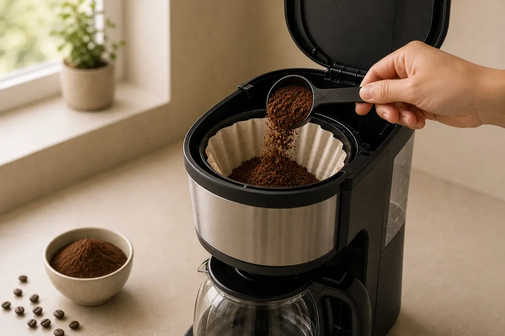 Adding coffee grounds to filter basket in coffee maker