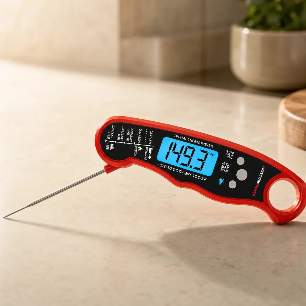 Close-up of Alpha Grillers thermometer with blue LCD display and stainless-steel probe

