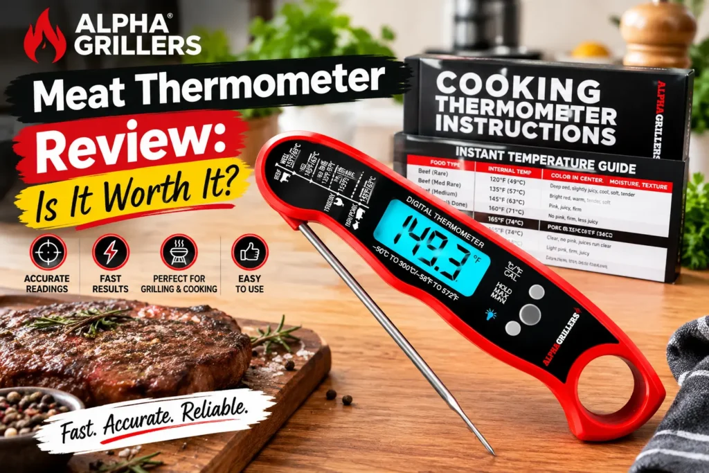 Alpha Grillers instant read meat thermometer on counter with steak and coffee