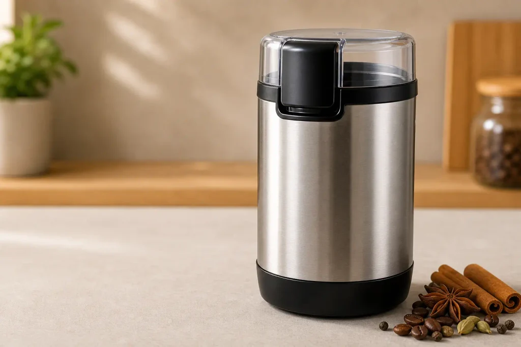 Close-up of the stainless steel body and one-touch button on a coffee spice grinder