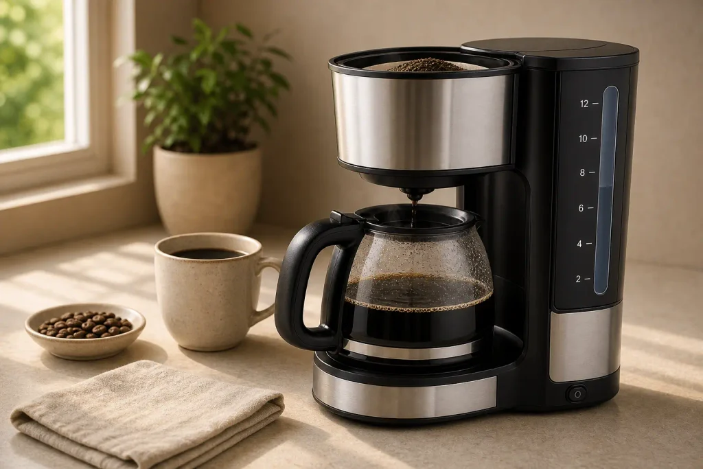 Elite Gourmet coffee maker with mug and coffee beans on counter