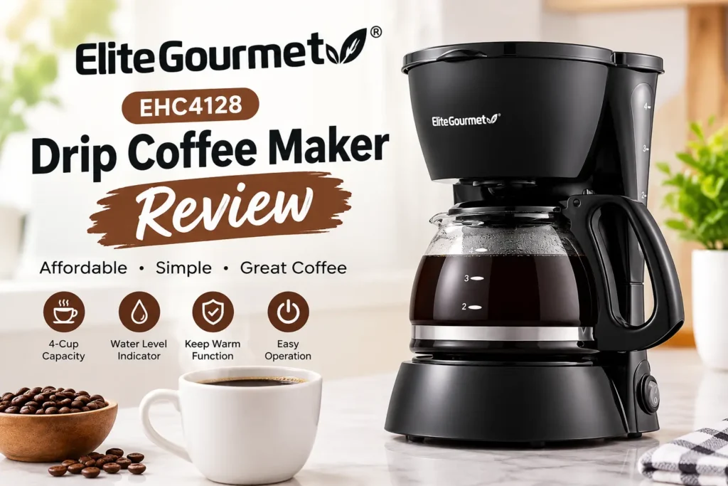 Elite Gourmet EHC4128 drip coffee maker on kitchen counter with coffee mug and beans