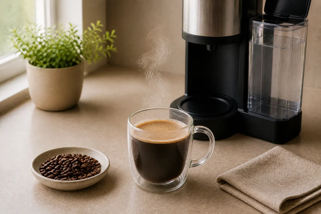 Home coffee setup with machine mug and beans