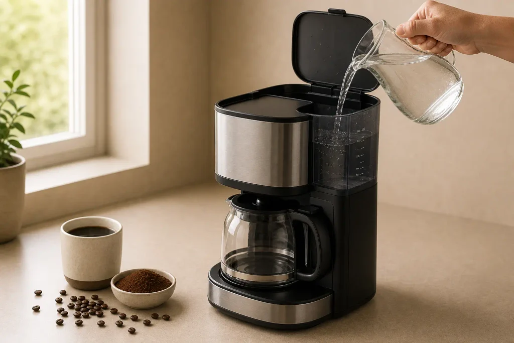 Pouring water into coffee machine reservoir