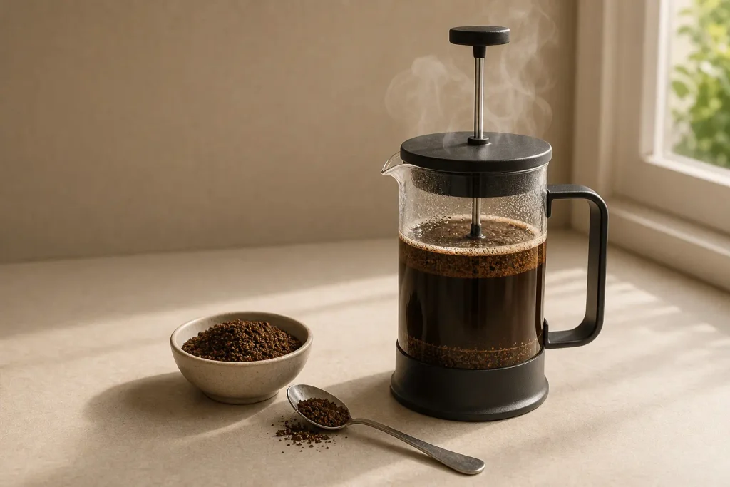 French press with coffee and steam on kitchen counter