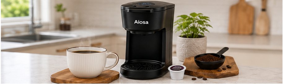 fresh brewed coffee with a single serve coffee maker in a kitchen