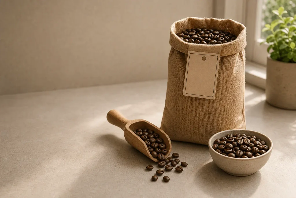 Fresh roasted coffee beans in bag with scoop