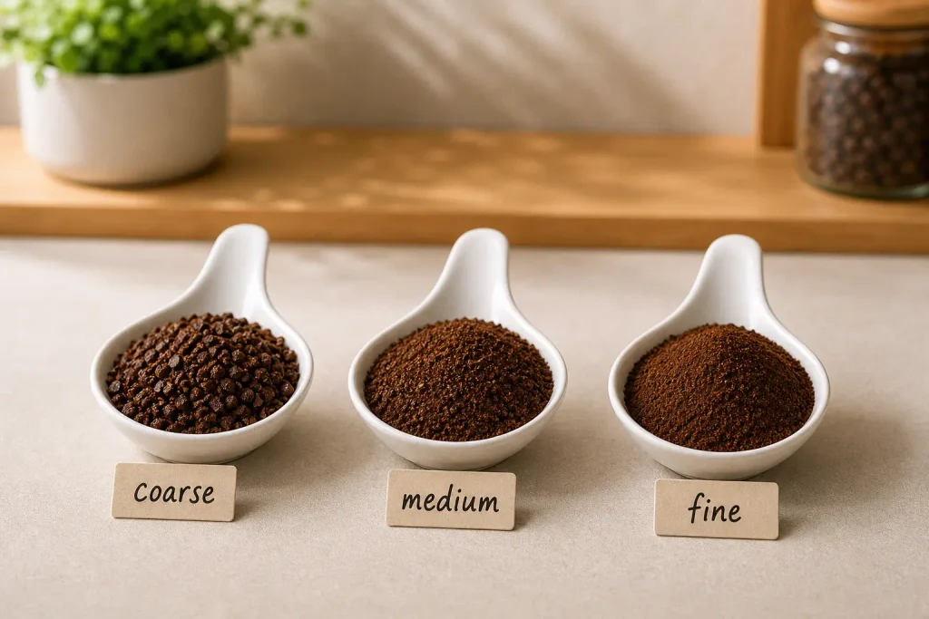 Coarse medium and fine coffee grounds comparison from a coffee spice grinder