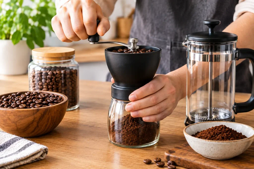 Grinding fresh coffee beans for French press coffee