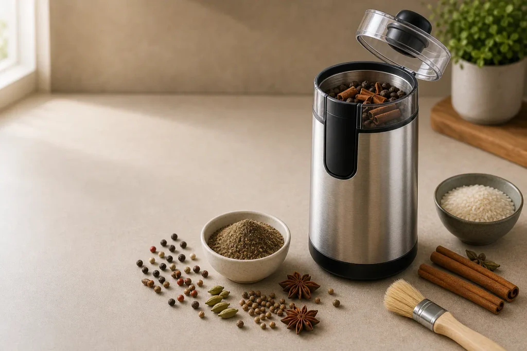 Grinding coffee beans with one-touch electric grinder beans and ground coffee

