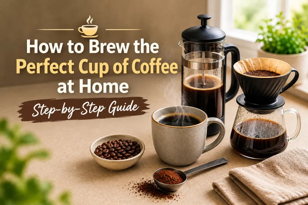 How to brew perfect cup of coffee featured image with mug French press and beans