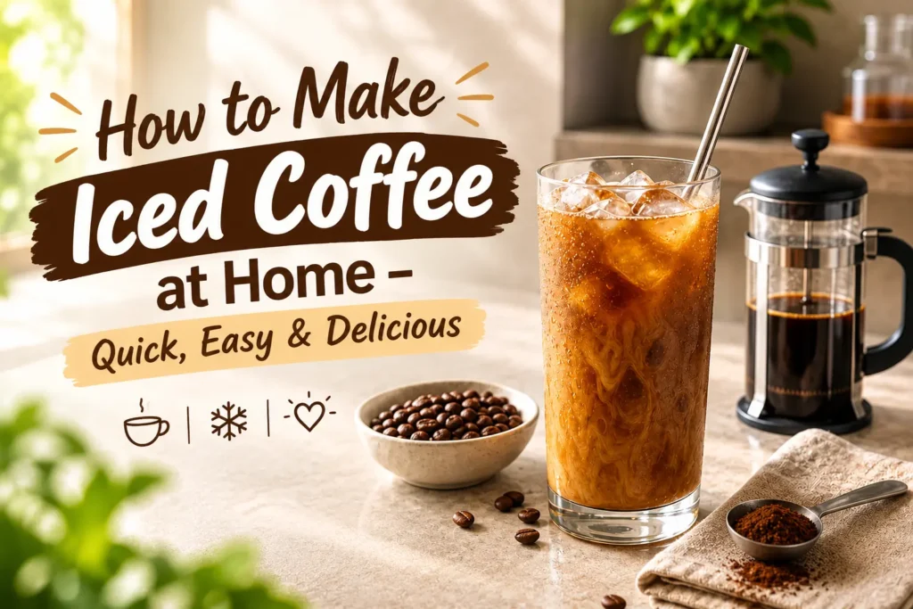 How to make perfect iced coffee featured image with glass French press and beans