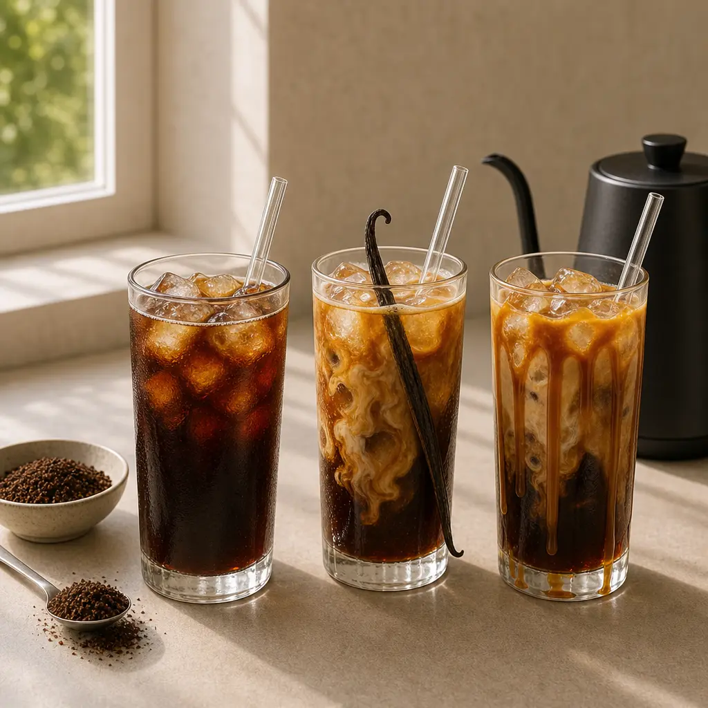 Three iced coffee variations plain vanilla and caramel

