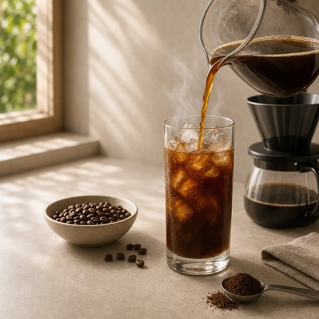 Pouring hot coffee over ice cubes in a tall glass

