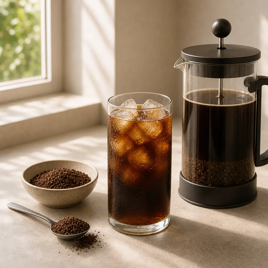 Cold brew coffee steeping in jar with finished glass on counter

