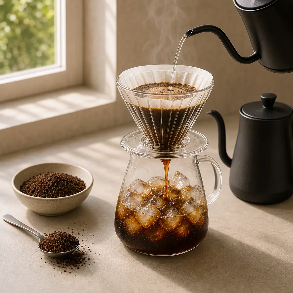 Japanese iced coffee pour over dripper on carafe with ice

