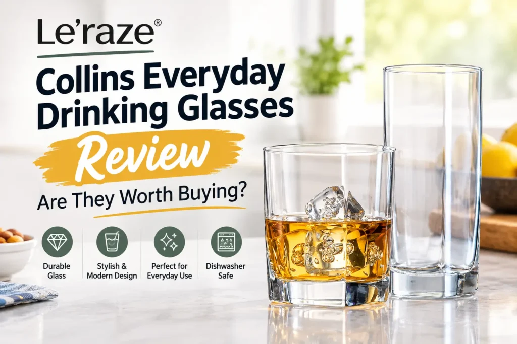 Le'raze Collins everyday drinking glasses set of 16 highball and old fashioned on counter