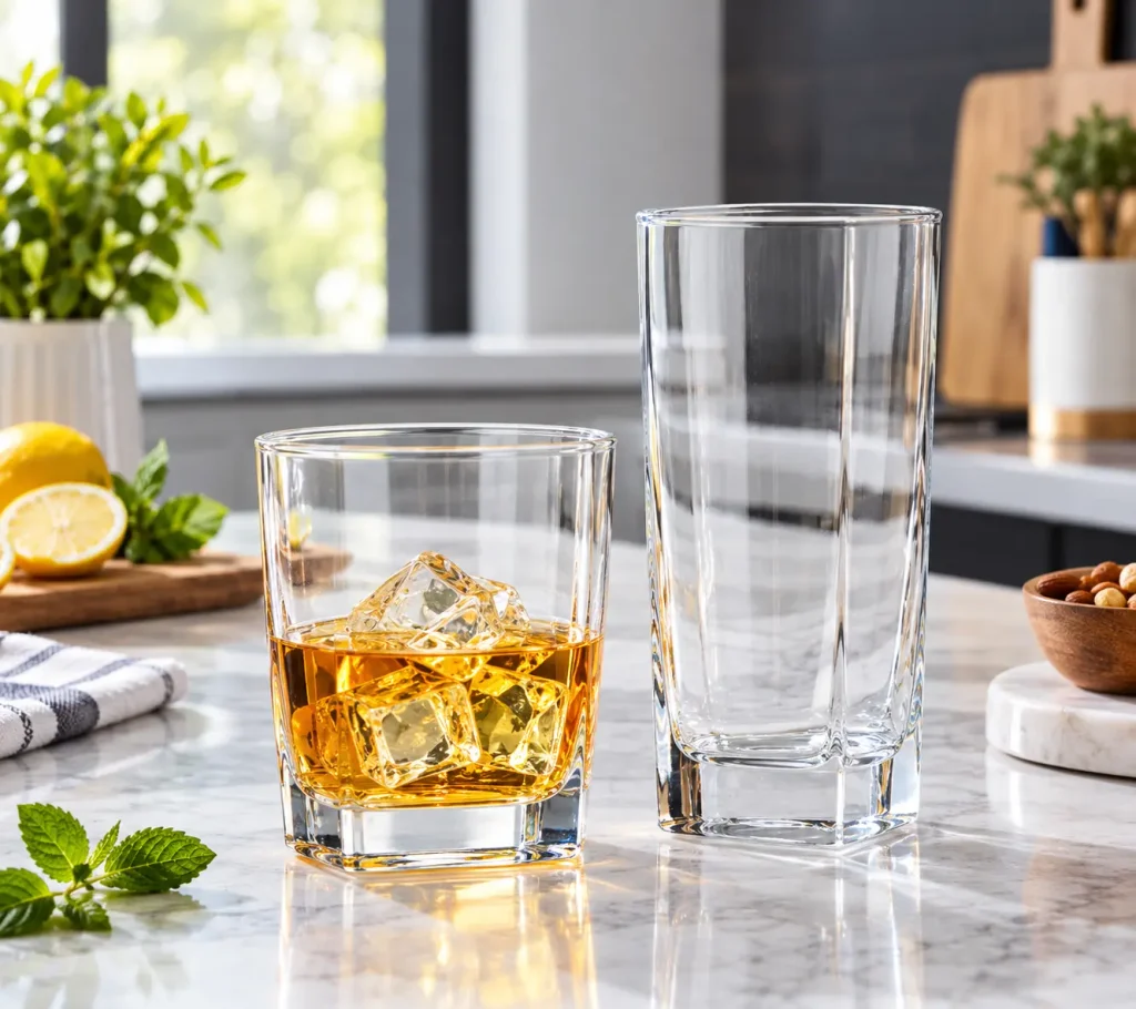 Le'raze highball and old fashioned glass comparison side by side

