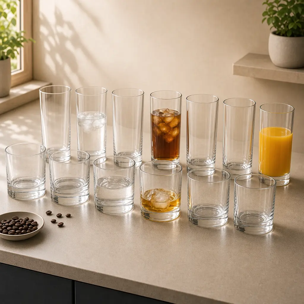 Full Le'raze Collins glassware set of 16 displayed on counter

