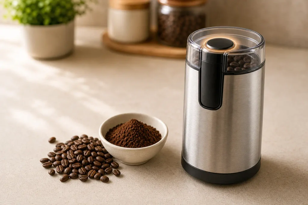 One-touch button operation on a compact coffee and spice grinder