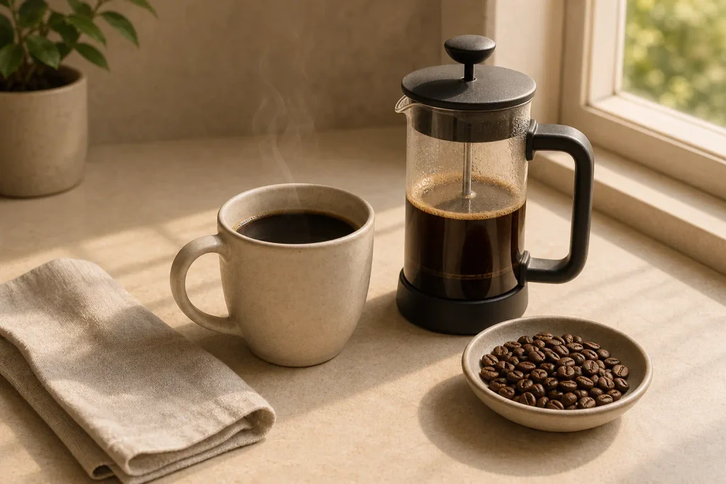 Perfect cup of coffee with French press and beans on counter