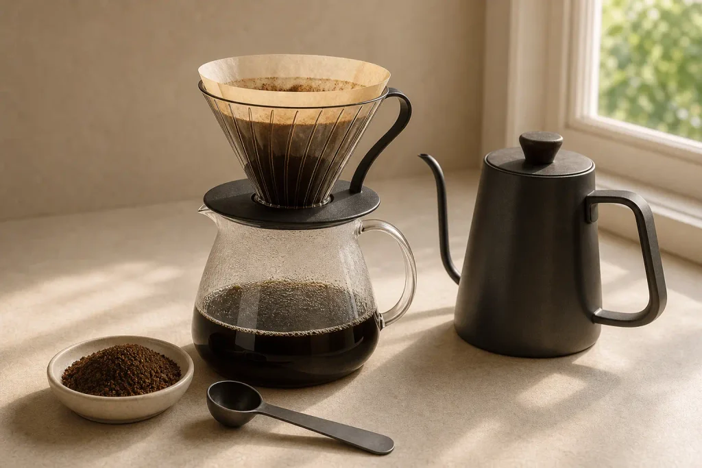 Pour over coffee setup with dripper carafe and kettle