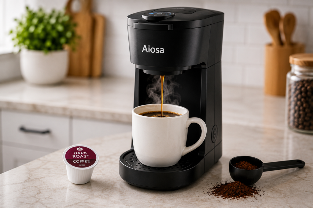 single serve coffee maker brewing fresh coffee into a mug