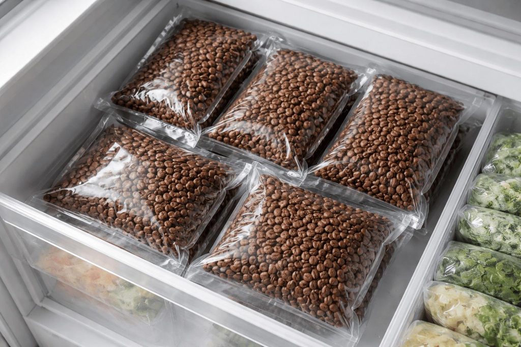 Separate sealed bags of whole coffee beans stored in a freezer drawer.